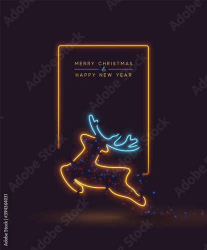 Merry Christmas and Happy New Year. Background Reindeer Effect Neon light garlands. Holiday pattern Xmas deer. Banner and poster. Vector illustration.