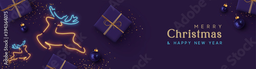 Christmas website header or banner, holiday poster. Xmas Background realistic gift box, bauble ball, glitter gold confetti, deer symbol neon light effect. Horizontal composition. Vector illustration