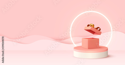 Pink 3d podium studio. Abstract modern stylish realistic design round stand with open gift box, neon light ring. Background for birthday, anniversary, sale, wedding. Web banner. Vector illustration