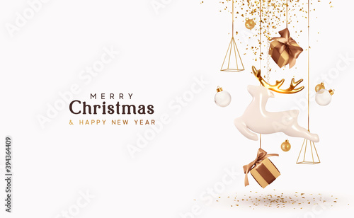 Merry Christmas and Happy New Year. Background with realistic festive gifts box. porcelain figurines of beautiful white deer. Xmas present. Holiday composition from render 3d objects.