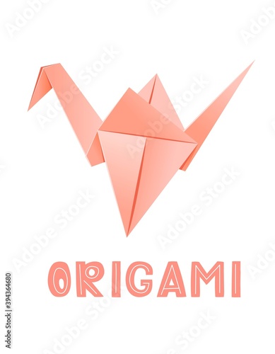 Pink origami crane - vector illustration isolated on white background. ORIGAMI lettering, hand lettering with a crane for greeting cards. World Origami Day, White Crane Day.