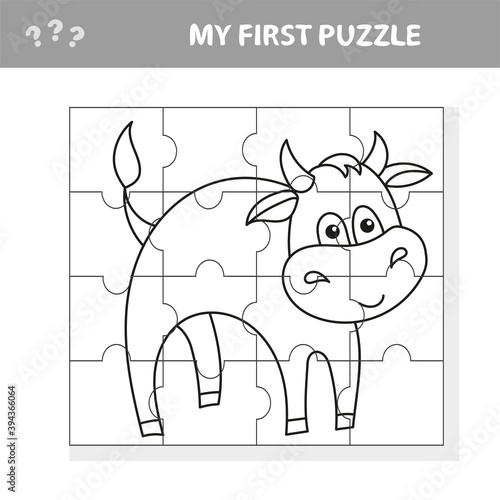 Cartoon Vector Illustration - Puzzle Activity Game for Children with Bull Farm Animal Character. Coloring book