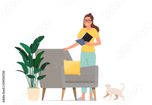 Girl reading a book. Home hobby.