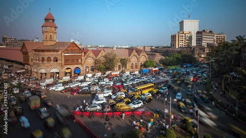 Time lapse view of rush hour traffic outside historical landmark Crawford Market in Mumbai, Maharashtra, India.	
 photo