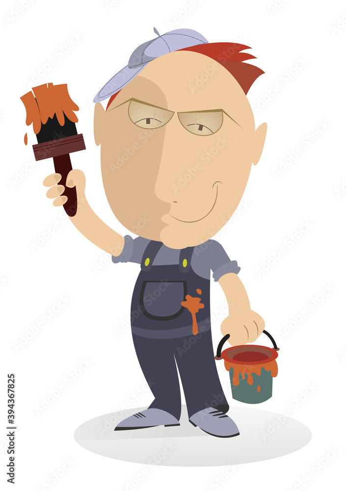 Cartoon painter holds a brush and a bucket of paint illustration Cartoon painter holds a brush and a bucket of paint illustration