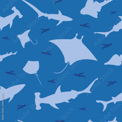 Fish shark seamless pattern. Vector color image background.