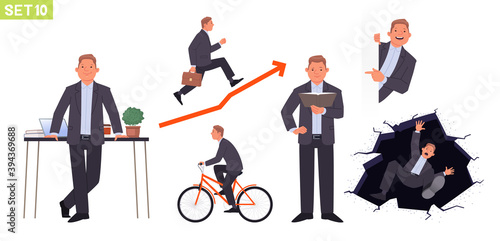 Businessman character set. Man manager in various poses and situations. Rides a bike, runs on schedule, reads a book
