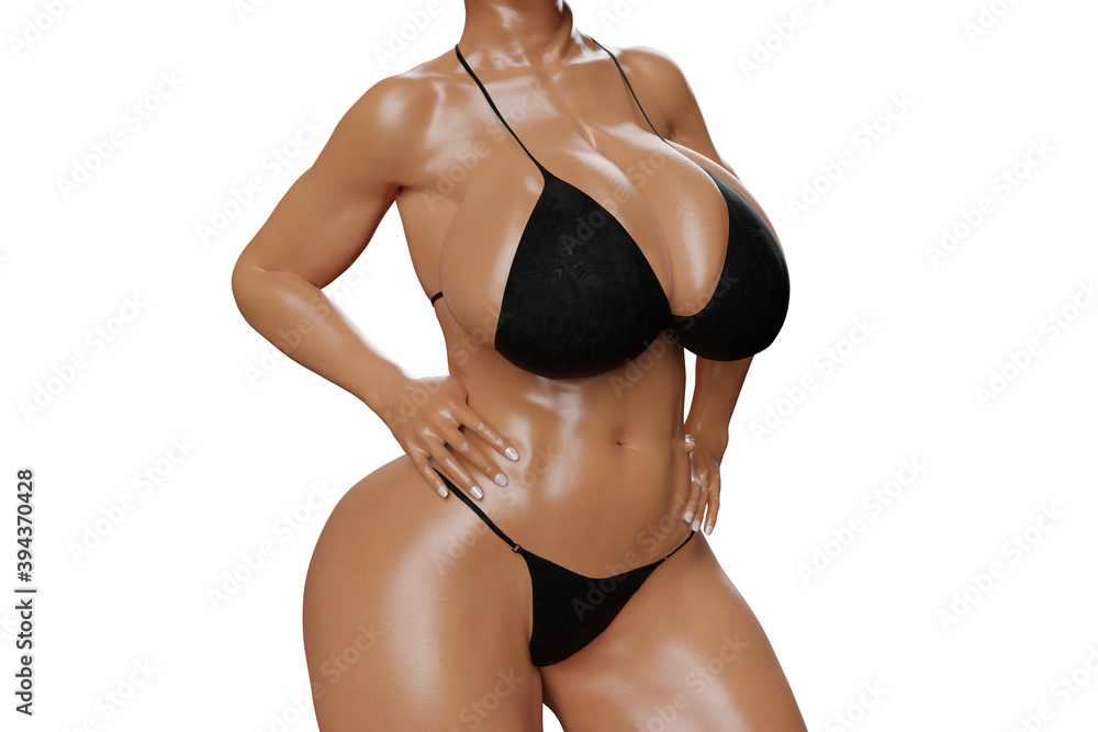 Illustrazione Stock Sexy young woman with big boobs posing in a black bikini  | Adobe Stock