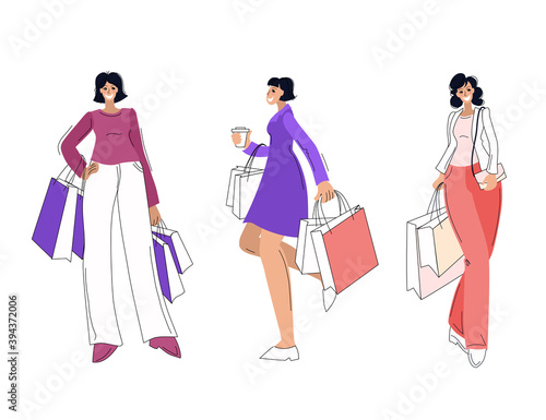 Women with shopping on a white isolated background. Vector illustration.