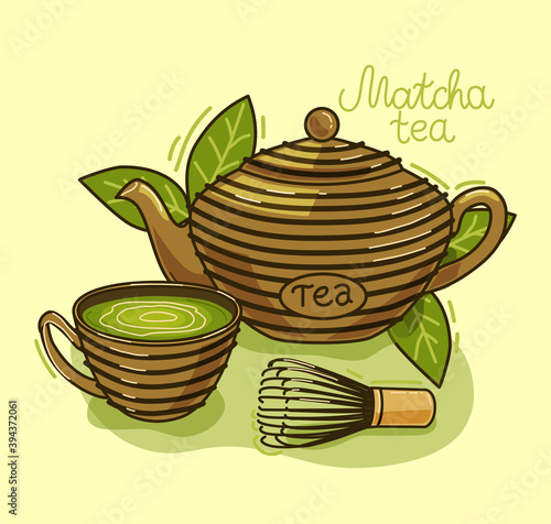 Matcha tea - Asian drink. Teapot, matcha tea leaves, Cup. Vector illustration.