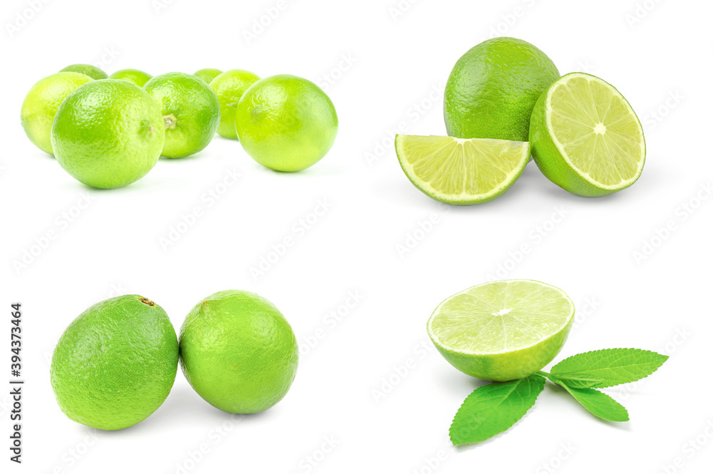 Collection of limes on a white background clipping path