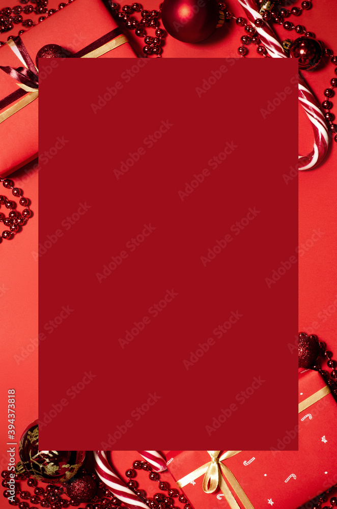 Obraz premium Christmas template for graphic design, Christmas gifts and decorations on red background