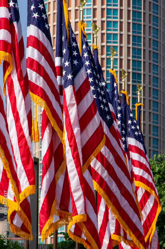 Row of American flag outdoors with skyline in background
