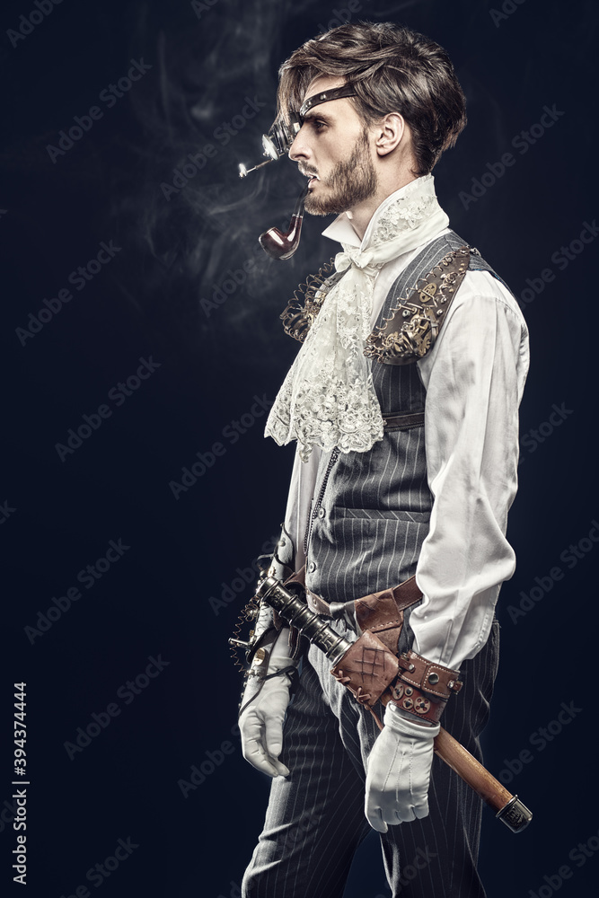 steampunk smokes a pipe