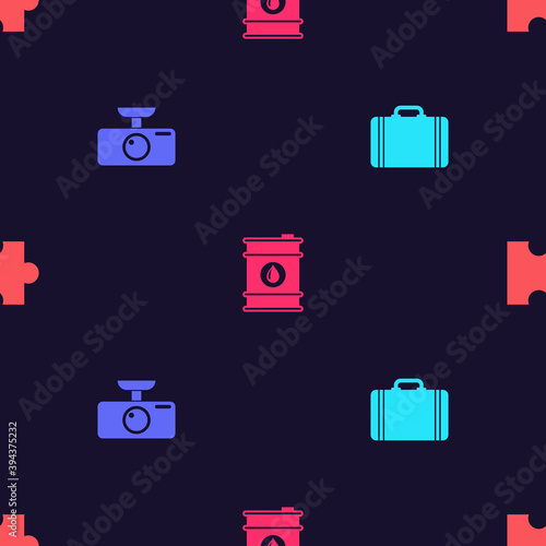 Set Suitcase for travel, Car DVR, Barrel oil and Piece of puzzle on seamless pattern. Vector.