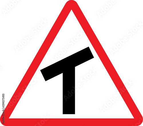 Skew T junction left warning sign. Red triangle background. Safety signs and symbols.