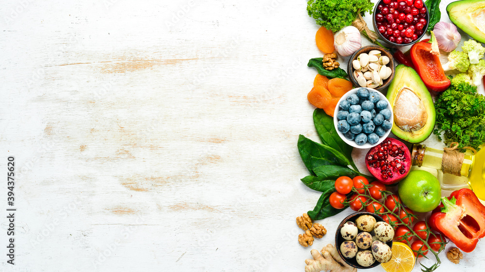 Food map: vegetables, fruits, fish, meat, nuts and other foods. Top view. Free copy space. Food map: vegetables, fruits, fish, meat, nuts and other foods. Top view. Free copy space.