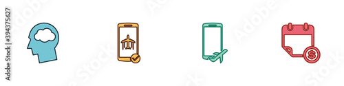 Set Head silhouette with cloud, Flight mode in the mobile, and Financial calendar icon. Vector.