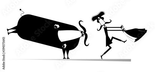 Bullfight cartoon illustration. Bull pursues the bullfighter black on white 