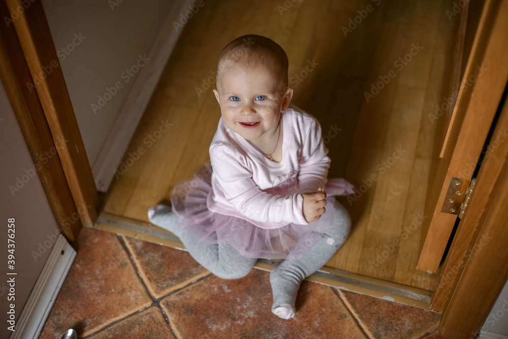 A one-year-old baby in a cute pink dress with a tulle skirt sits on the floor and smiles A one-year-old baby in a cute pink dress with a tulle skirt sits on the floor and smiles