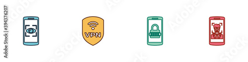 Set Mobile and eye scan, Shield with VPN wireless, password and face recognition icon. Vector.