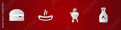 Set Burger, Hotdog sandwich, Barbecue grilled shish kebab and Ketchup bottle icon. Vector.