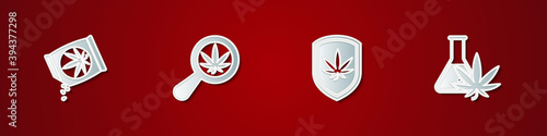 Set Marijuana or cannabis seeds, Magnifying glass and marijuana, Shield and Test tube with icon. Vector.