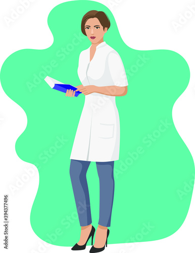 Woman doctor or nurse with the book in her hands. Modern medical illustration.