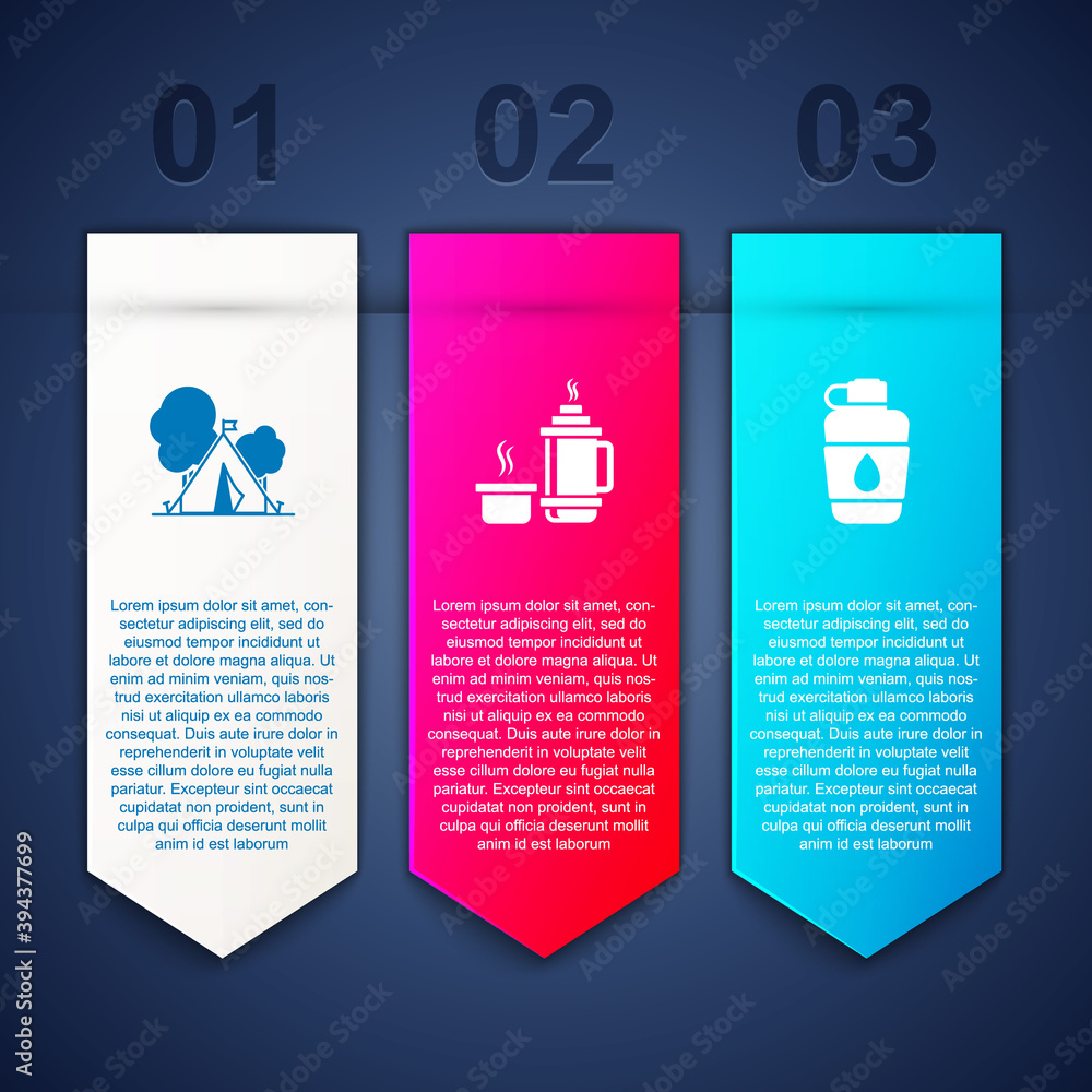 Set Tourist tent with flag, Thermos container and Canteen water bottle. Business infographic template. Vector. Set Tourist tent with flag, Thermos container and Canteen water bottle. Business infographic template. Vector.