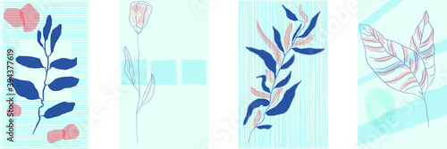 Set of 4 hand drawn floral geometric design posters, vector template with different shapes elements, modern style, vintage colors.