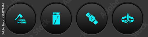 Set Wooden axe and wood, Open matchbox matches, Compass and Head flashlight icon. Vector.