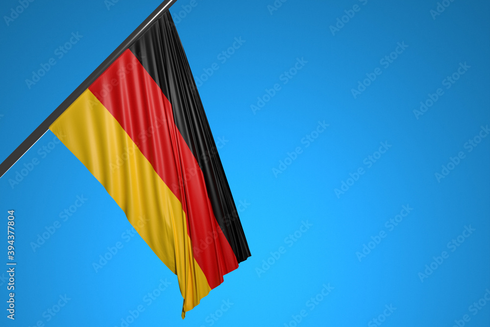 3D illustration of the national flag of Germany on a metal flagpole fluttering against the blue sky.Country symbol. 3D illustration of the national flag of Germany on a metal flagpole fluttering against the blue sky.Country symbol.