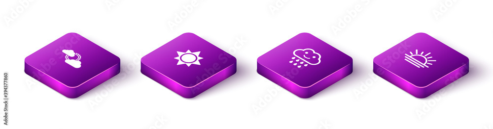Set Isometric Sun and cloud weather, , Cloud with rain and Sunset icon. Vector. Set Isometric Sun and cloud weather, , Cloud with rain and Sunset icon. Vector.