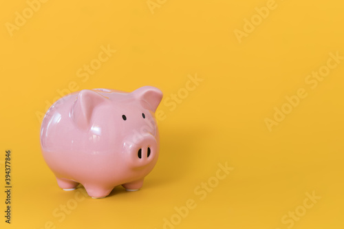 Piggy bank on yellow background for economy, saving money wealth and financial concept