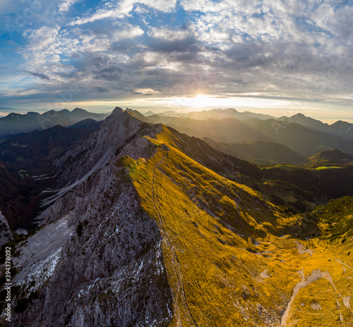 Spectacular mountain ridge viewed from above at sunrise.