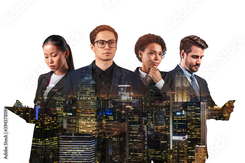 Photography Double exposure of four young, successful, business people standing in front of Asian city Singapore background
