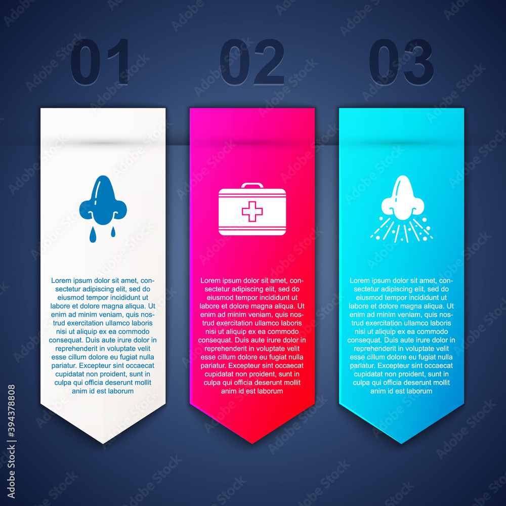 Set Runny nose, First aid kit and . Business infographic template. Vector. Set Runny nose, First aid kit and . Business infographic template. Vector.