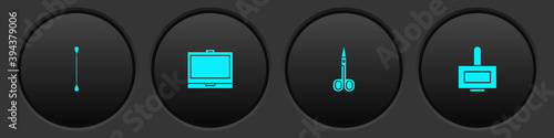 Set Cotton swab for ears, Makeup powder with mirror, Scissors and Nail polish bottle icon. Vector.