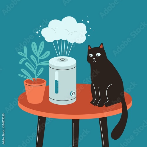Humidifier with house plant and black cat. Air cleaner, vaporizer. The cat is afraid of steam. Vector illustration in flat cartoon style