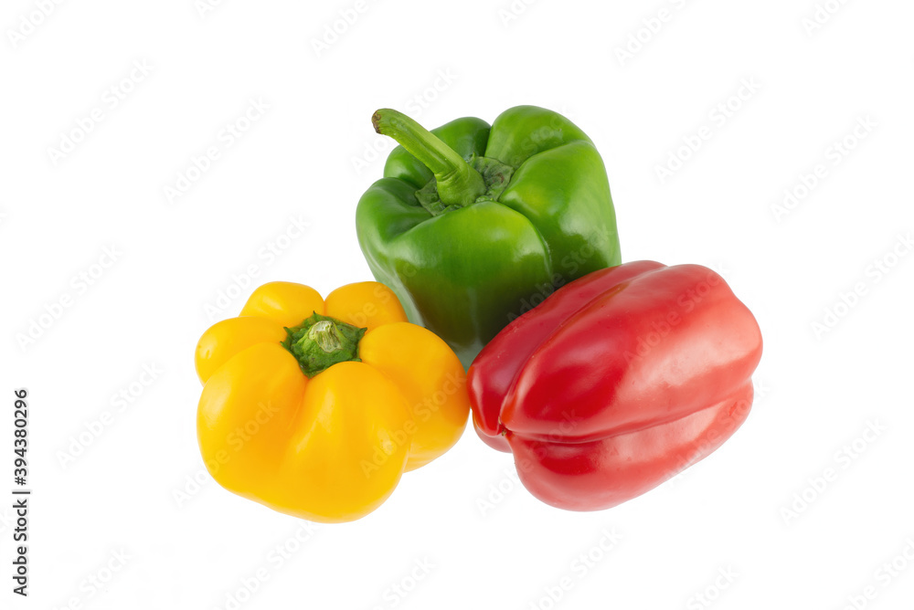 Three colors of pepper on the white background. Three colors of pepper on the white background.