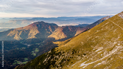 Spectacular mountain ridge viewed from above at sunrise.