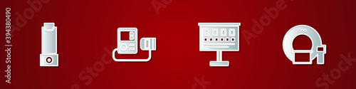 Set Inhaler, Blood pressure, Eye test chart and Tomography icon. Vector.