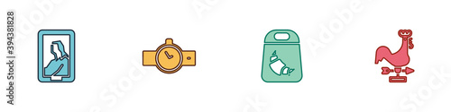 Set Portrait in museum, Wrist watch, Croissant package and Rooster weather vane icon. Vector.