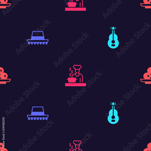 Set Spanish guitar, hat, cook and Olives on plate on seamless pattern. Vector.