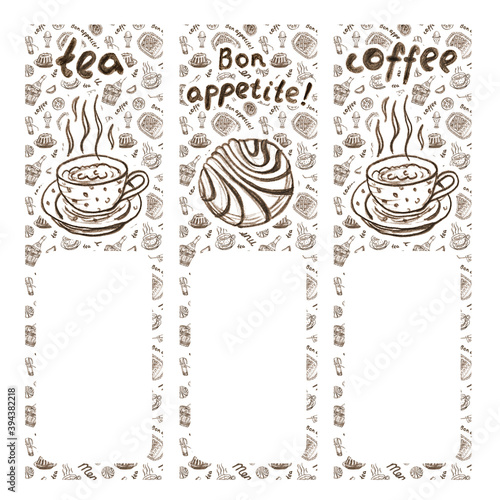 Food banners for cafe or restaurant with space for text. Tea, coffee and dessert illustrations in sepia tone pencil