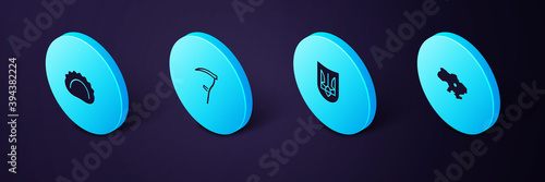 Set Isometric Map of Ukraine, Ukrainian trident, Scythe and Dumplings icon. Vector.