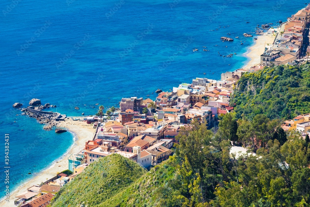 Aerial view of Giardini Naxos, comune in Messina on Sicily Island, Italy.