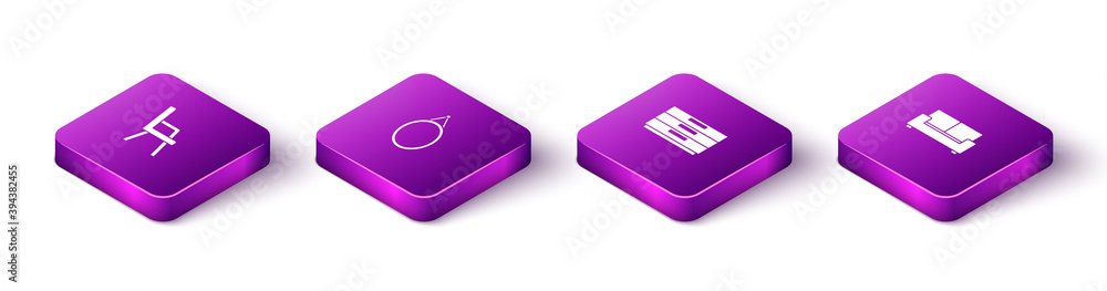 Set Isometric Armchair, Mirror, Chest of drawers and Sofa icon. Vector. Set Isometric Armchair, Mirror, Chest of drawers and Sofa icon. Vector.