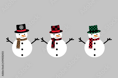 Snowman trio. Cute Christmas characters isolated. Vector cartoon style.