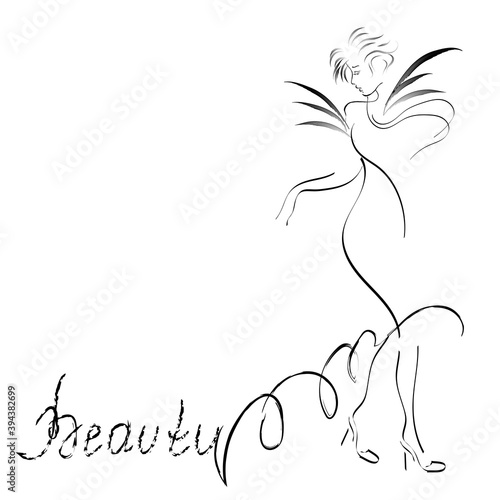 A girl in a beautiful extravagant dress. Elegant young woman in heels. Vector contour lineart illustration on a white background. Empty space for text. Picture for advertising beauty services.